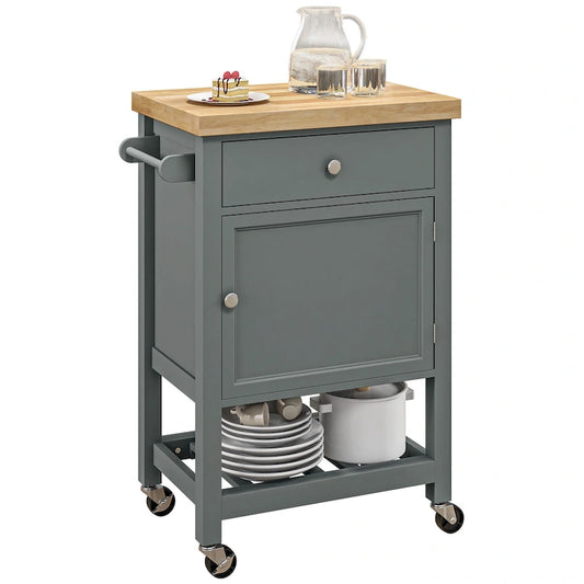 HOMCOM Utility Kitchen Cart, Rolling Kitchen Island with Smooth Rubberwood Top, Narrow Butcher Block Surface on Wheels