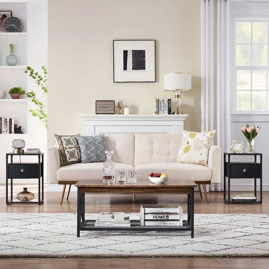 VECELO (Set of 2) Modern 1-Drawer Nightstand with 2-tier Glass Shelves