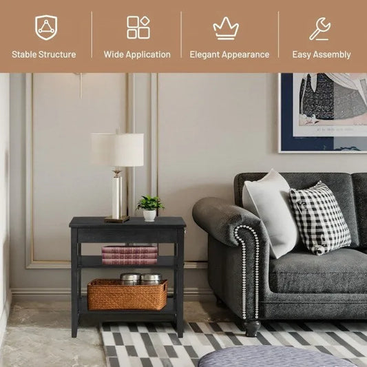 Space-Saving Side End Table with Drawer and 2-Tier Open Storage Shelves