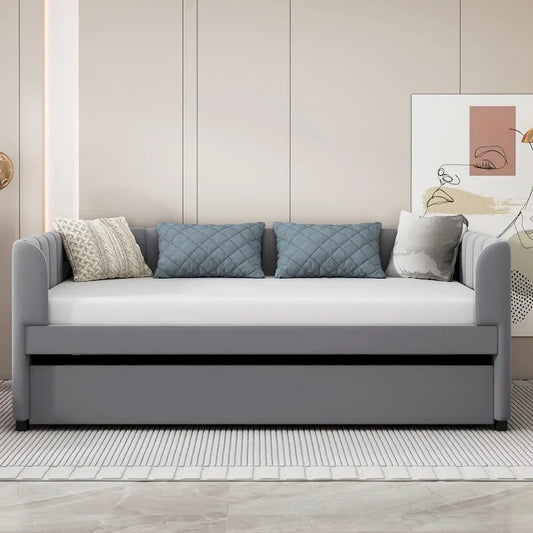 Twin Size Upholstered Daybed with Ergonomic Design Backrest and Trundle