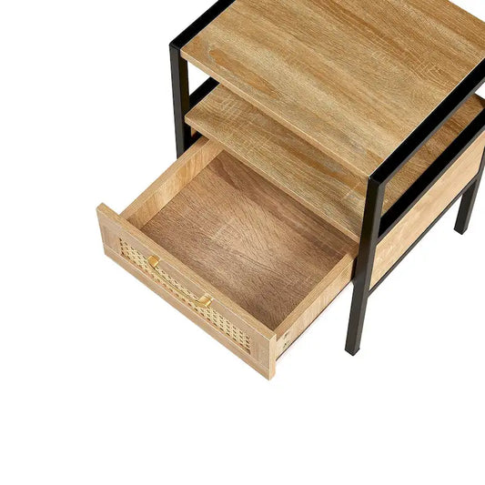 Modern Natural Rattan Wooden Nightstand/End Table/Side Table with Drawer(Set of 2)