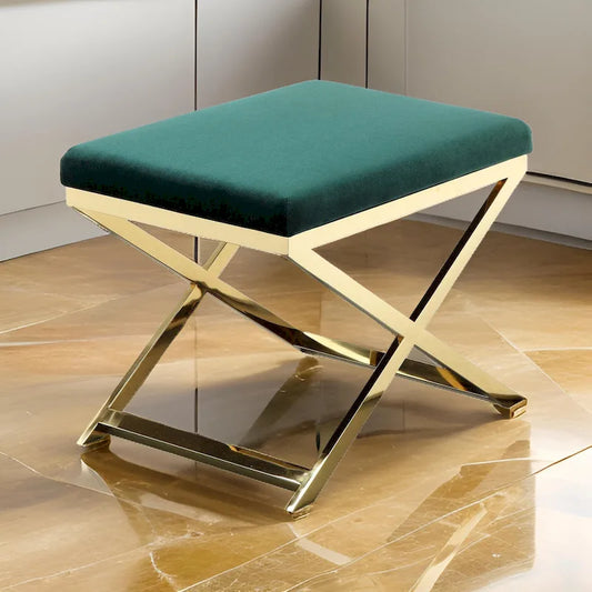 Sovi 24 Inch Accent Stool Ottoman Bench, Plush Green Velvet, Gold X Base