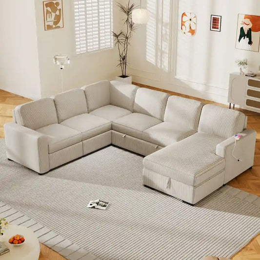 U-shaped Combination 6-Seat Corner Sofa with Storage Lounge Chair and USB Interfaces