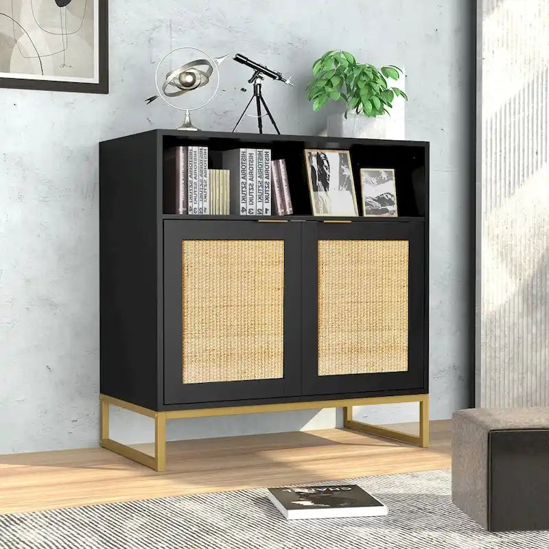 Anmytek Modern 2-Door Black Buffet Sideboard Table Rattan Kitchen Storage Cabinet with Open Shelf - 31.5 W x 15.7 D x 31.9 H