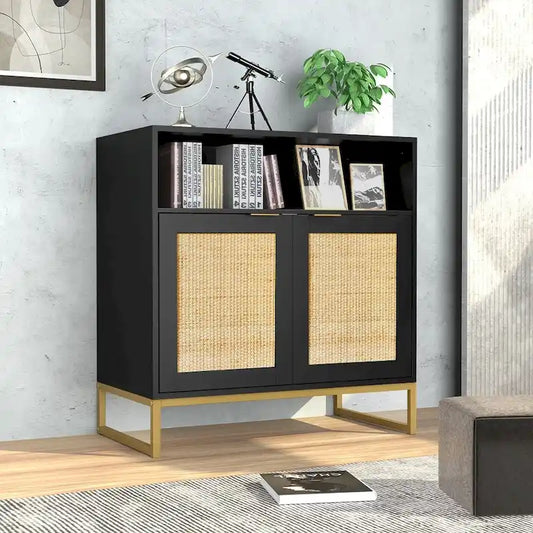 Anmytek Modern 2-Door Black Buffet Sideboard Table Rattan Kitchen Storage Cabinet with Open Shelf - 31.5 W x 15.7 D x 31.9 H