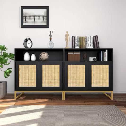 Anmytek Modern 2-Door Black Buffet Sideboard Table Rattan Kitchen Storage Cabinet with Open Shelf - 31.5 W x 15.7 D x 31.9 H