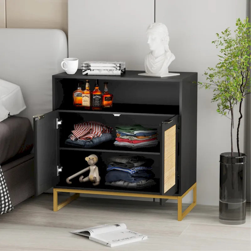 Anmytek Modern 2-Door Black Buffet Sideboard Table Rattan Kitchen Storage Cabinet with Open Shelf - 31.5 W x 15.7 D x 31.9 H