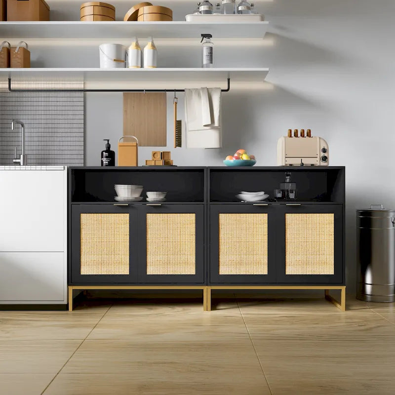 Anmytek Modern 2-Door Black Buffet Sideboard Table Rattan Kitchen Storage Cabinet with Open Shelf - 31.5 W x 15.7 D x 31.9 H