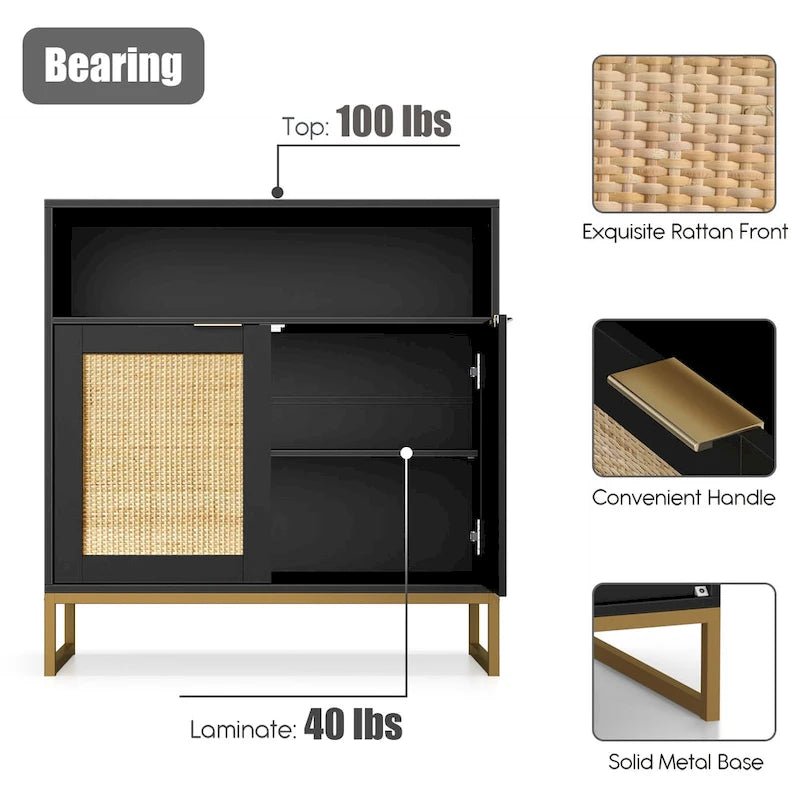 Anmytek Modern 2-Door Black Buffet Sideboard Table Rattan Kitchen Storage Cabinet with Open Shelf - 31.5 W x 15.7 D x 31.9 H