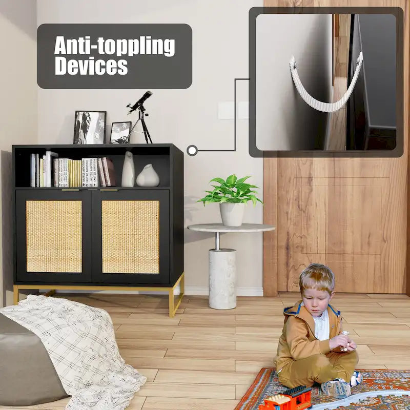 Anmytek Modern 2-Door Black Buffet Sideboard Table Rattan Kitchen Storage Cabinet with Open Shelf - 31.5 W x 15.7 D x 31.9 H