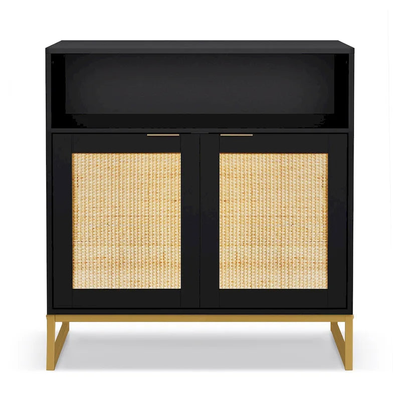 Anmytek Modern 2-Door Black Buffet Sideboard Table Rattan Kitchen Storage Cabinet with Open Shelf - 31.5 W x 15.7 D x 31.9 H