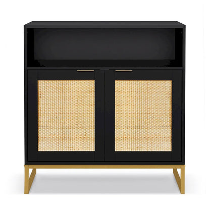 Anmytek Modern 2-Door Black Buffet Sideboard Table Rattan Kitchen Storage Cabinet with Open Shelf - 31.5 W x 15.7 D x 31.9 H