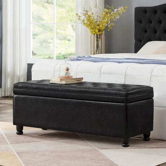 Black Upholstered Tufted Button Storage Bench with Faux Leather and Spindle Wooden Legs,Storage Ottoman Bench