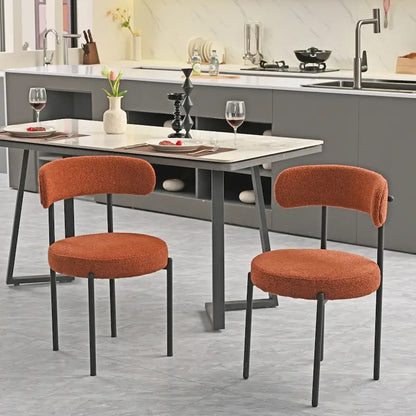 Modern Round Upholstered Boucle Dining Chairs Set of 2, Curved Backrest and black metal spray-painted legs