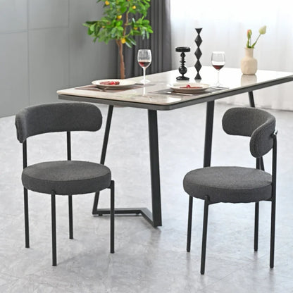 Modern Round Upholstered Boucle Dining Chairs Set of 2, Curved Backrest and black metal spray-painted legs