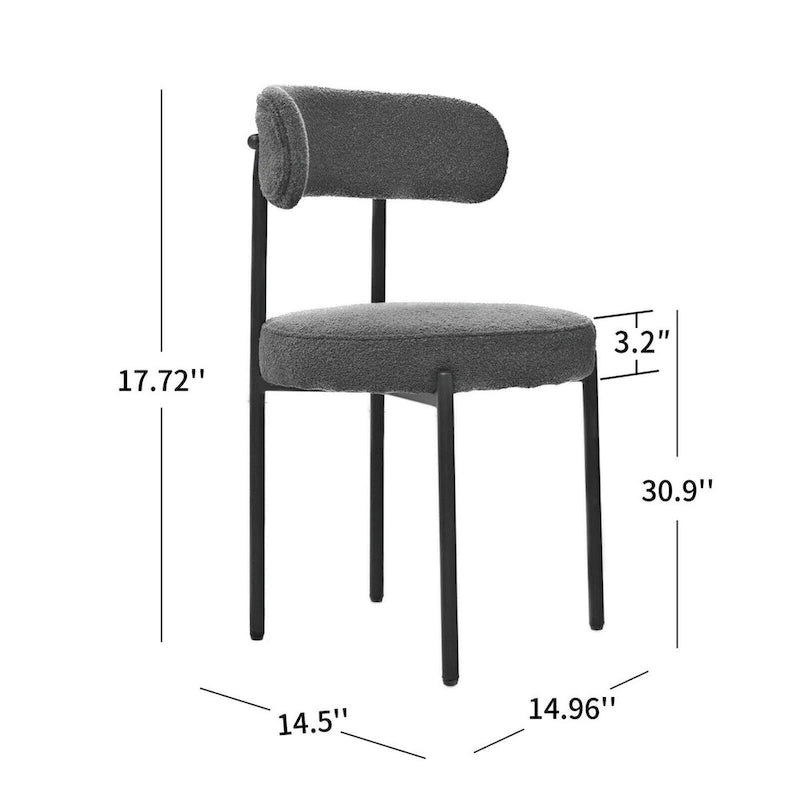Modern Round Upholstered Boucle Dining Chairs Set of 2, Curved Backrest and black metal spray-painted legs