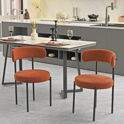 Modern Round Upholstered Boucle Dining Chairs Set of 2, Curved Backrest and black metal spray-painted legs