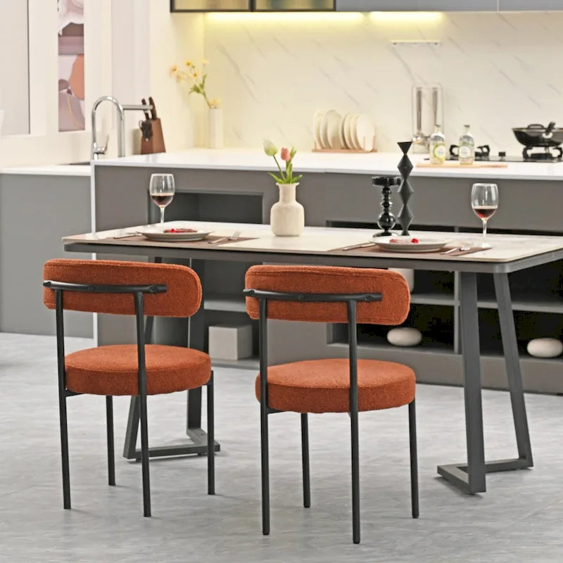 Modern Round Upholstered Boucle Dining Chairs Set of 2, Curved Backrest and black metal spray-painted legs