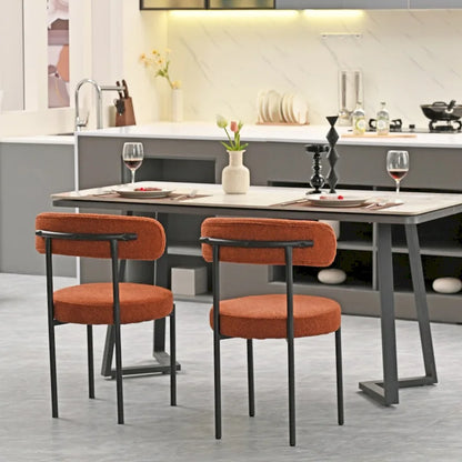 Modern Round Upholstered Boucle Dining Chairs Set of 2, Curved Backrest and black metal spray-painted legs