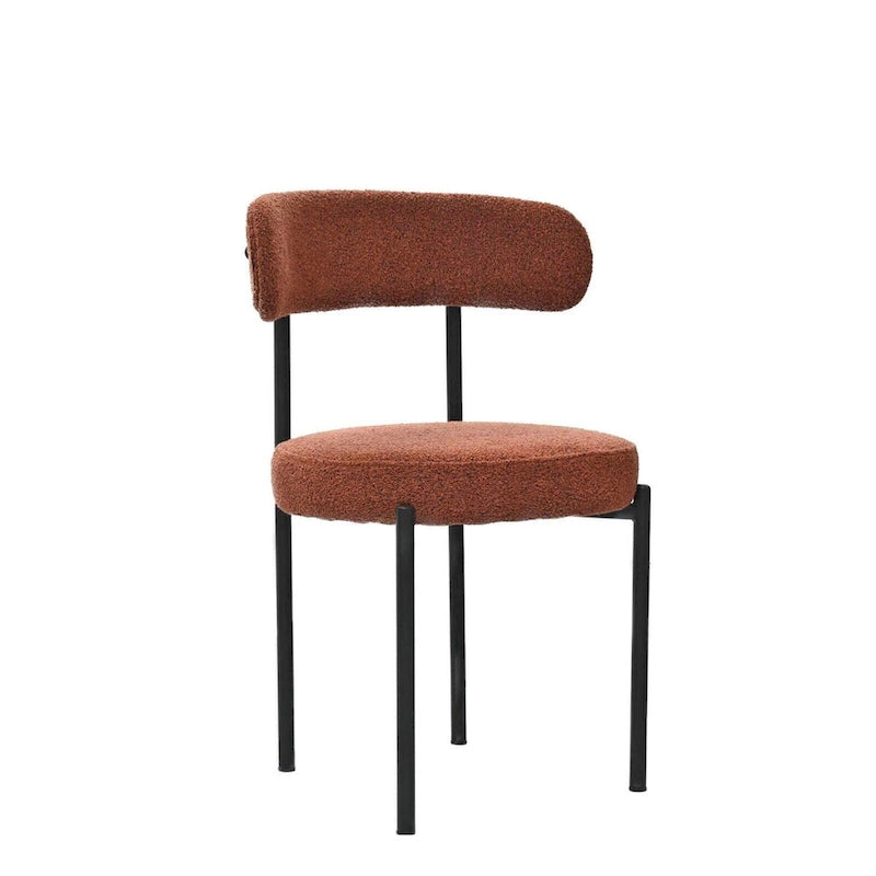 Modern Round Upholstered Boucle Dining Chairs Set of 2, Curved Backrest and black metal spray-painted legs