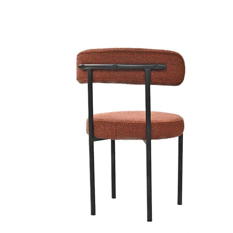 Modern Round Upholstered Boucle Dining Chairs Set of 2, Curved Backrest and black metal spray-painted legs