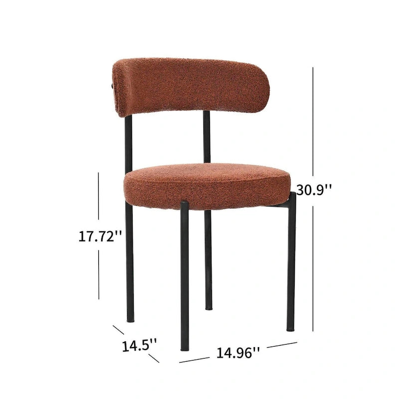 Modern Round Upholstered Boucle Dining Chairs Set of 2, Curved Backrest and black metal spray-painted legs