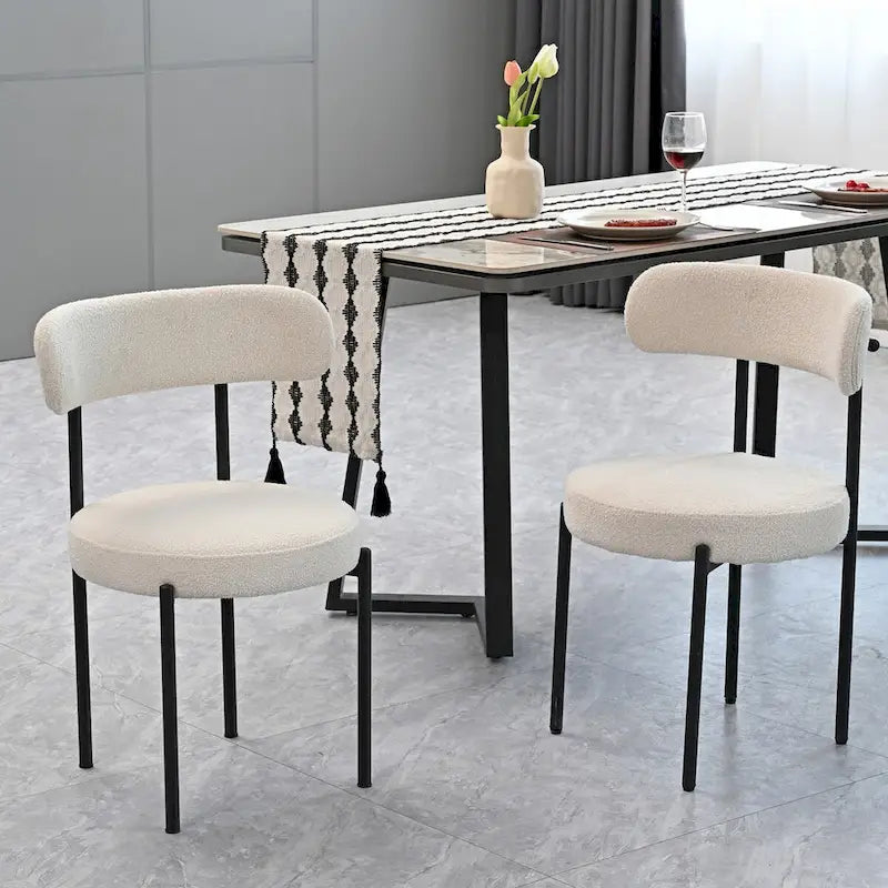 Modern Round Upholstered Boucle Dining Chairs Set of 2, Curved Backrest and black metal spray-painted legs