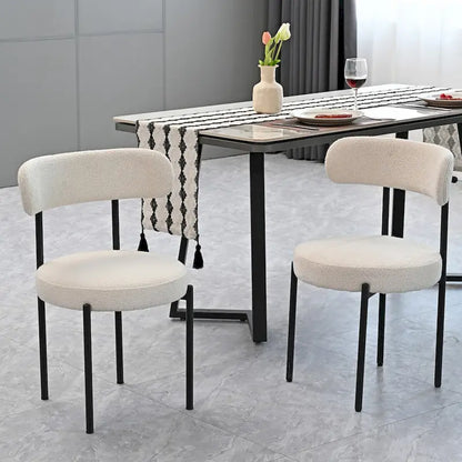 Modern Round Upholstered Boucle Dining Chairs Set of 2, Curved Backrest and black metal spray-painted legs
