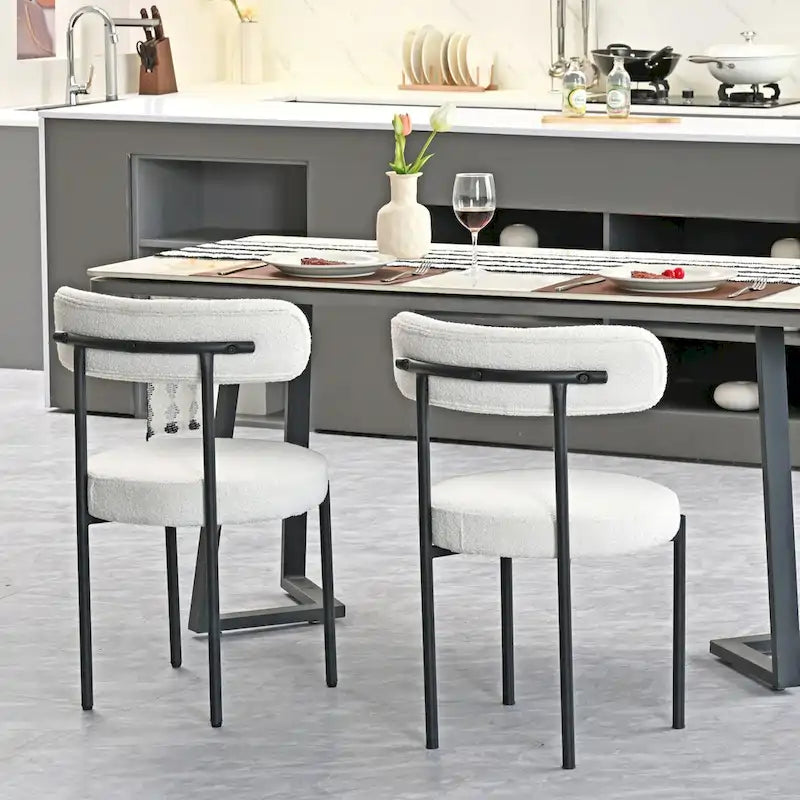Modern Round Upholstered Boucle Dining Chairs Set of 2, Curved Backrest and black metal spray-painted legs
