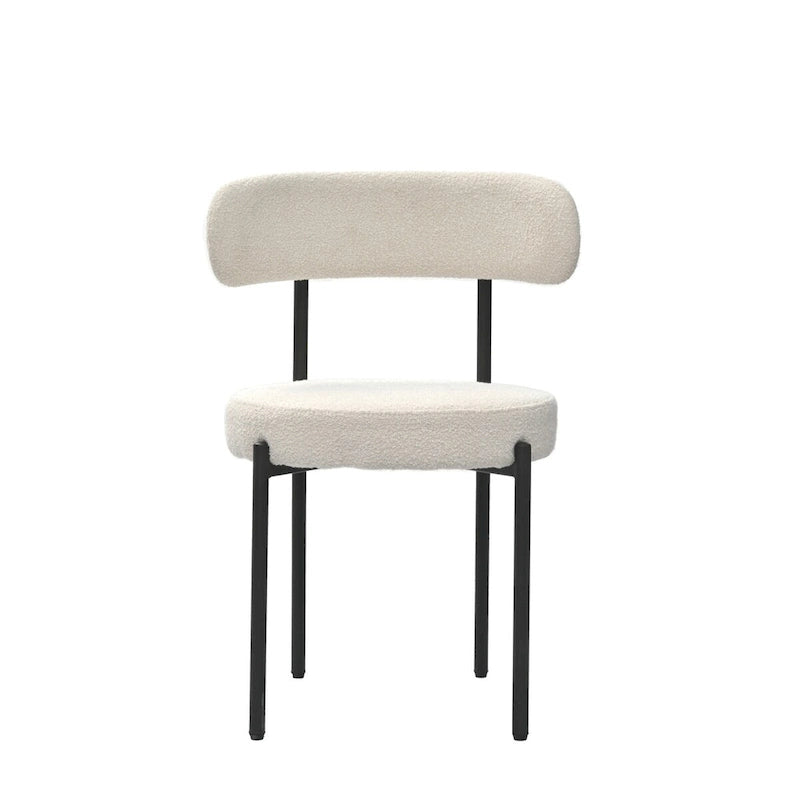 Modern Round Upholstered Boucle Dining Chairs Set of 2, Curved Backrest and black metal spray-painted legs