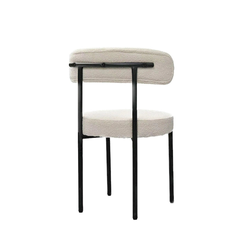 Modern Round Upholstered Boucle Dining Chairs Set of 2, Curved Backrest and black metal spray-painted legs