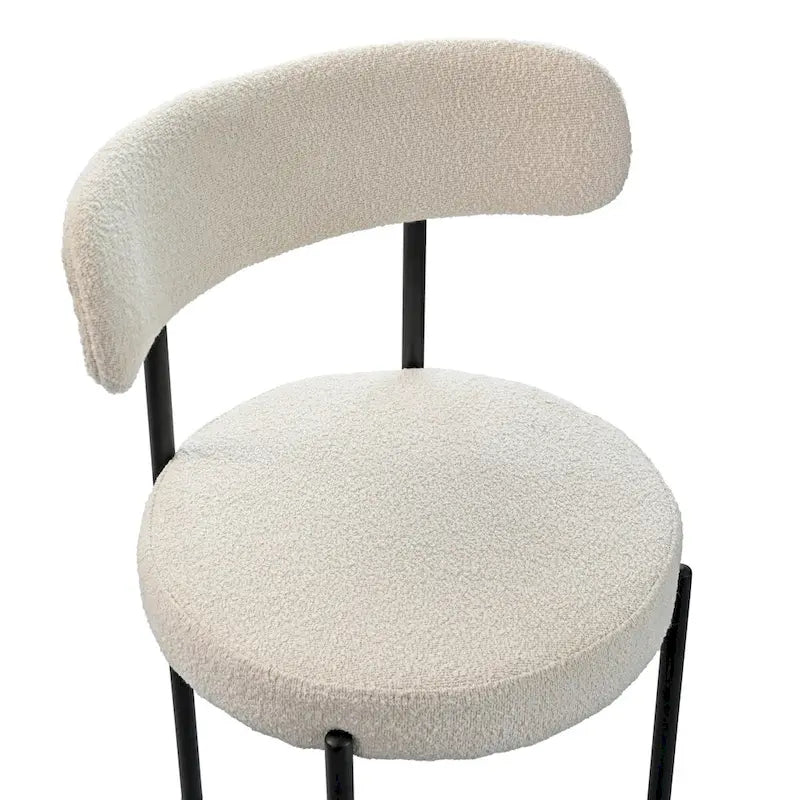 Modern Round Upholstered Boucle Dining Chairs Set of 2, Curved Backrest and black metal spray-painted legs
