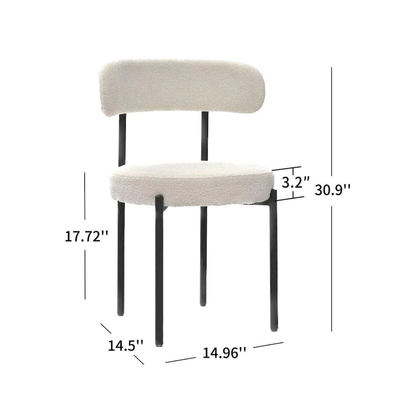 Modern Round Upholstered Boucle Dining Chairs Set of 2, Curved Backrest and black metal spray-painted legs