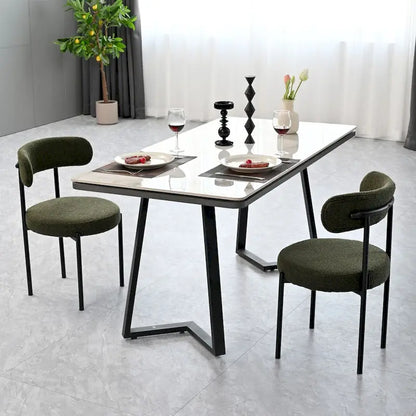 Modern Round Upholstered Boucle Dining Chairs Set of 2, Curved Backrest and black metal spray-painted legs