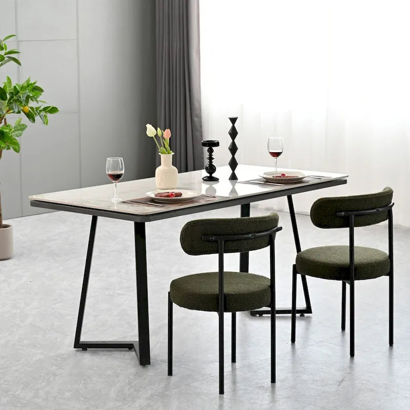 Modern Round Upholstered Boucle Dining Chairs Set of 2, Curved Backrest and black metal spray-painted legs