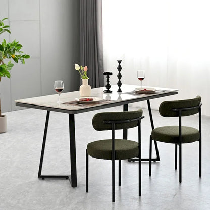 Modern Round Upholstered Boucle Dining Chairs Set of 2, Curved Backrest and black metal spray-painted legs