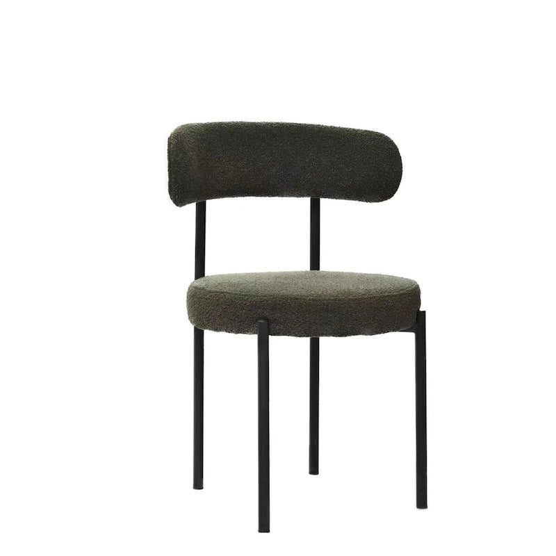 Modern Round Upholstered Boucle Dining Chairs Set of 2, Curved Backrest and black metal spray-painted legs