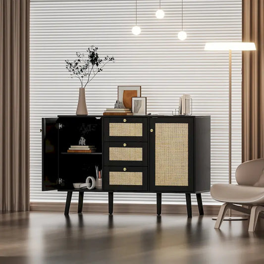 Anmytek Modern Wood Rattan Black Buffet Sideboard Accent Storage Cabinet with 3 Drawers and 2 Doors
