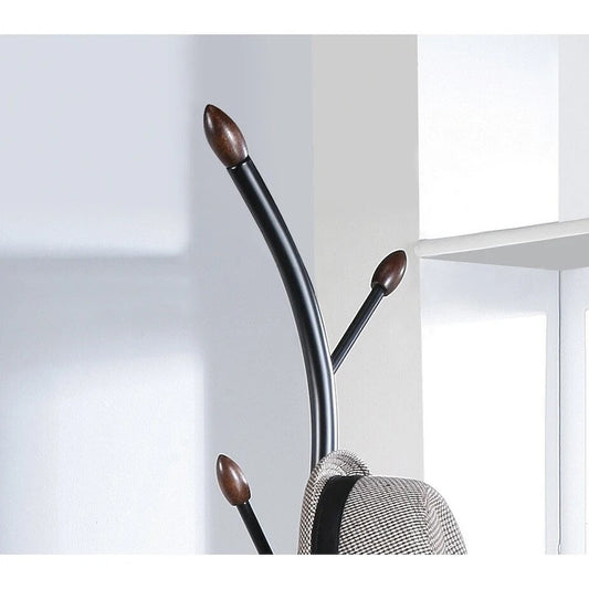 Modern Metal Black and Walnut Standing Coat Rack for Home Entryway Organization & Storage