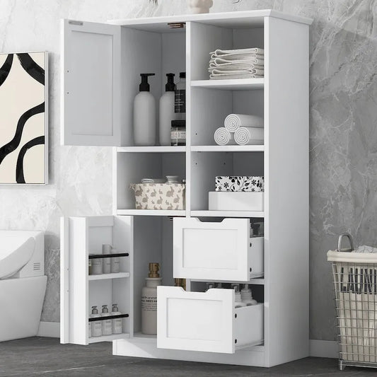 31 in. W x 16 in. D x 62 in. H White Linen Cabinet with Open Shelves and Drawers
