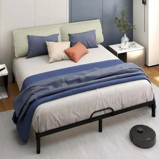 Moasis Metal Bed Frame Folding Upholstered Bed Frame with Faux Leather Headboard Two Pillows