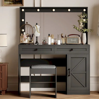 Roomfitters Farmhouse Makeup Vanity with Lights, Vanity Desk with Barn Door, 2 Drawers Makeup Table with Lighted Mirror