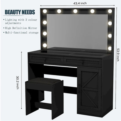 Roomfitters Farmhouse Makeup Vanity with Lights, Vanity Desk with Barn Door, 2 Drawers Makeup Table with Lighted Mirror