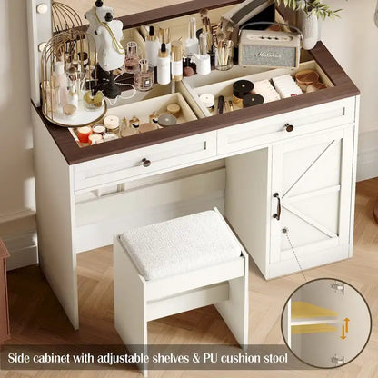 Roomfitters Farmhouse Makeup Vanity with Lights, Vanity Desk with Barn Door, 2 Drawers Makeup Table with Lighted Mirror