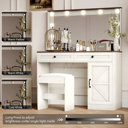 Roomfitters Farmhouse Makeup Vanity with Lights, Vanity Desk with Barn Door, 2 Drawers Makeup Table with Lighted Mirror