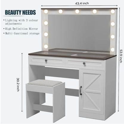 Roomfitters Farmhouse Makeup Vanity with Lights, Vanity Desk with Barn Door, 2 Drawers Makeup Table with Lighted Mirror
