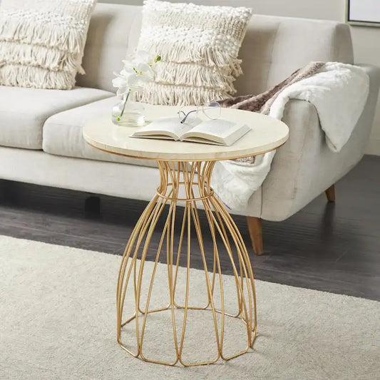 Metal Flower Inspired Side End Accent Table with Cream Marble Tabletop - Gold - Roche River Decor